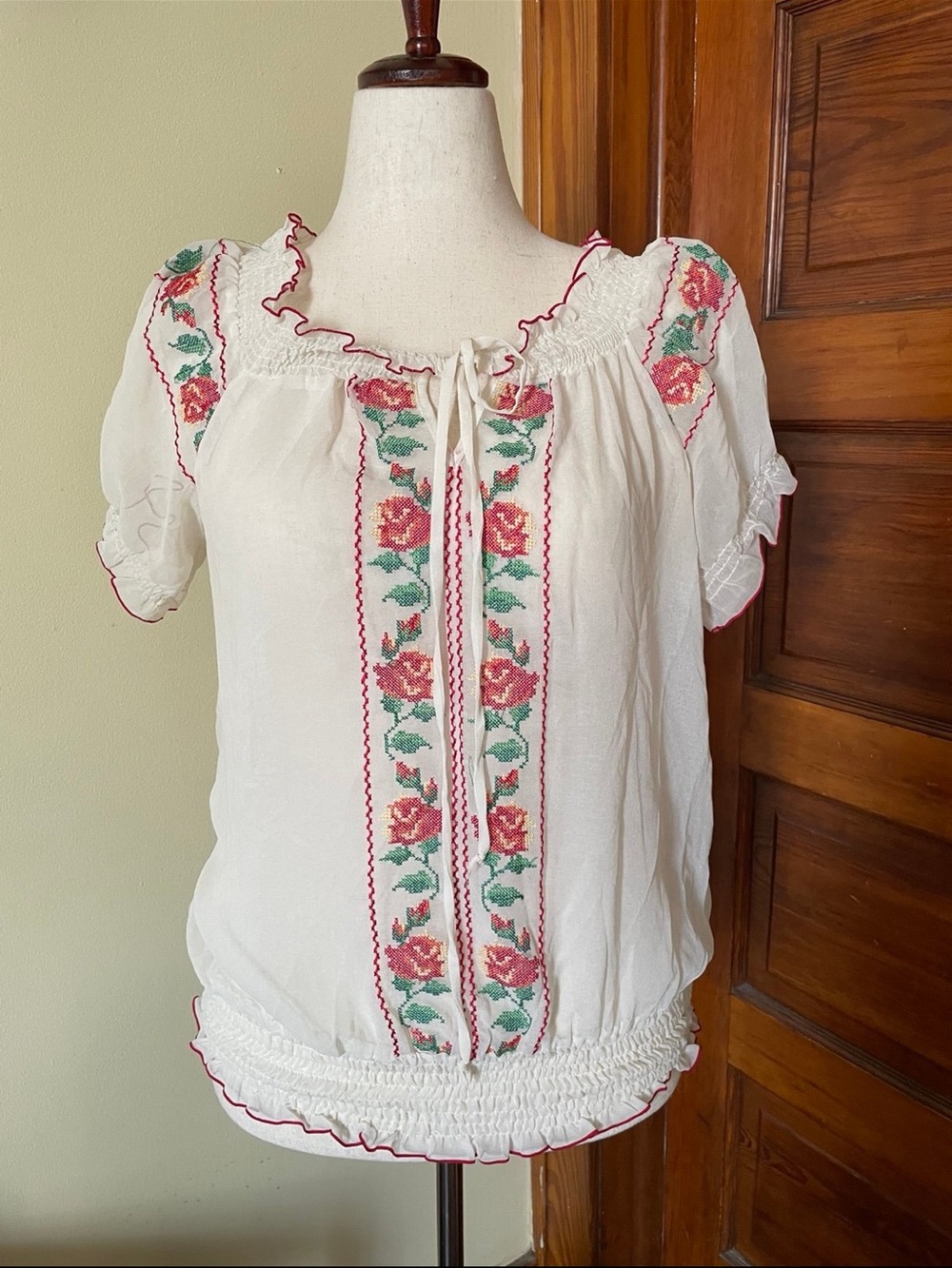 Twenty one White Peasant Blouse with Red Rose Embroidery